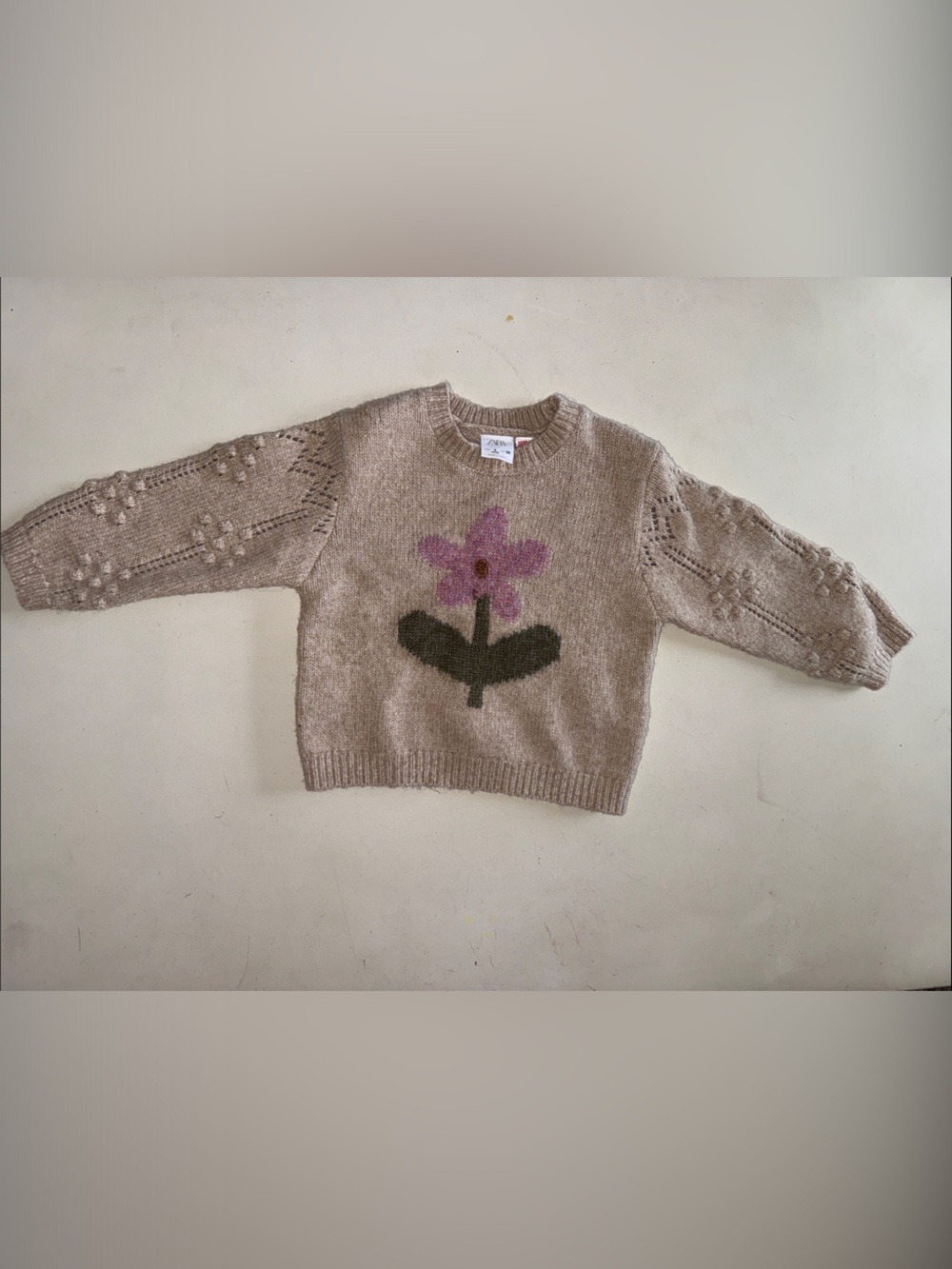 Cozy Beige Knit Sweater with Pink Flower Motif - Zara